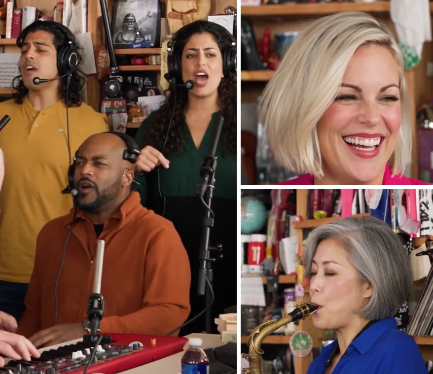 Shots from the Tiny Desk AI video with a dashed circle on each of the five band members Shots from the Tiny Desk AI video with a dashed circle on each of the five band members