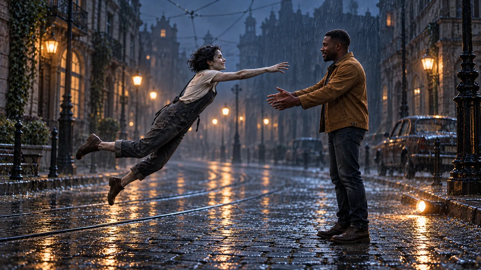 A Halloween Zombie Couple AI video: a woman leaping toward a man on a rainy street