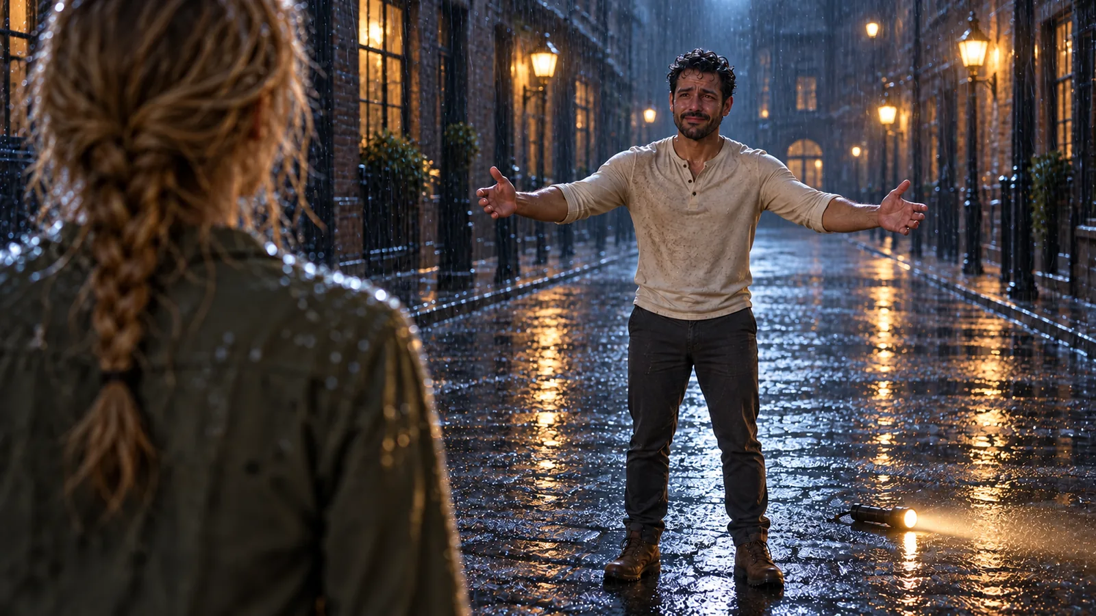 A Zombie Couple AI video for a partner: a man opening his arms on a rainy street