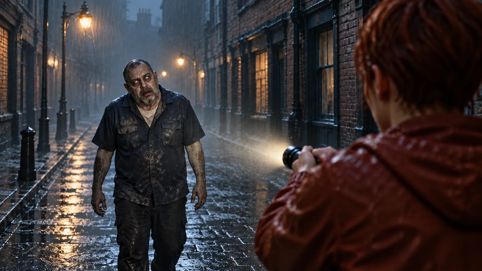 A Zombie Couple AI video frame: a flashlight finds a zombie on a rainy street