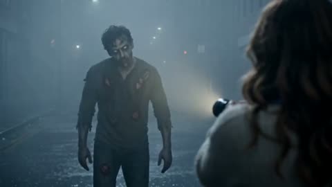 Zombie Couple AI video at 0:02: the flashlight beam finds a zombie standing in the rain