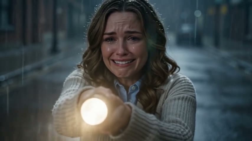 Zombie Couple AI video at 0:00: a woman holds a flashlight on a rainy street