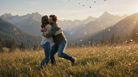 Zombie Couple AI video at 0:10: the couple lands in a hug in a sunny mountain meadow