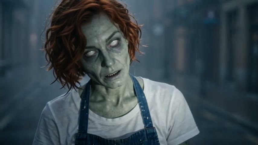 A Zombie Couple meme video for a partner: a red-haired zombie on a rainy street